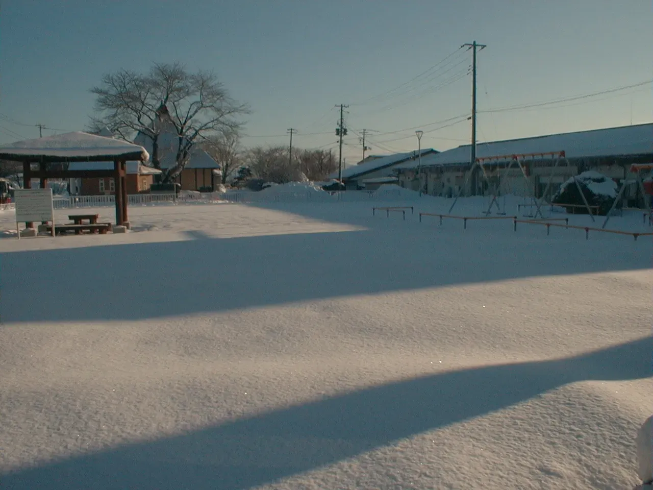 Snow covering the renovated playground in Takko